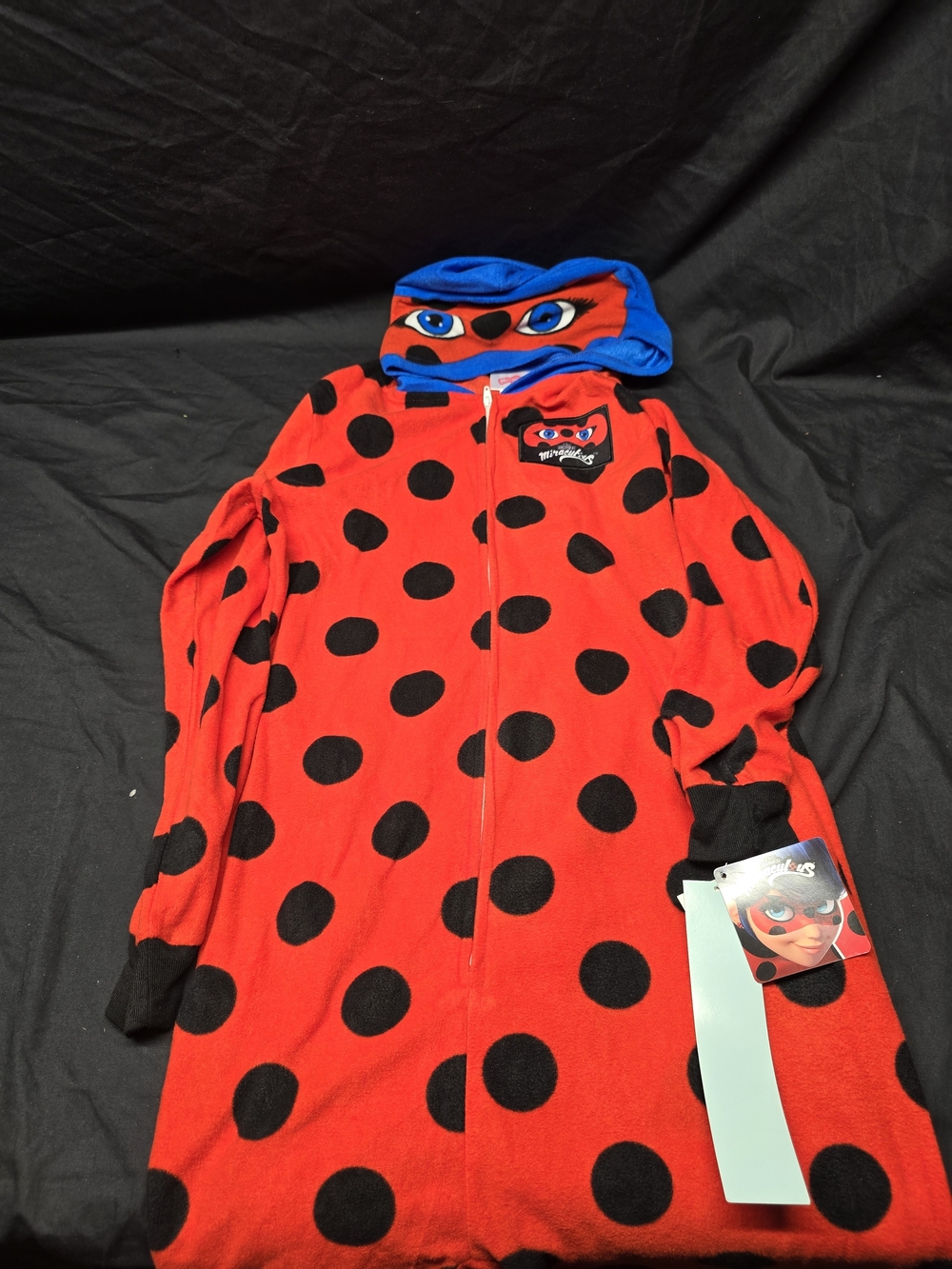 NWT Miraculous Ladybug Girls Hooded Zip-Up Fleece Pajama Coverall Onesie Size L